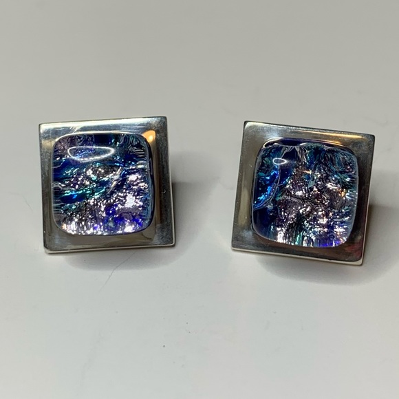 925 Sterling Blue Dichroic Glass Post Earrings - Picture 4 of 4